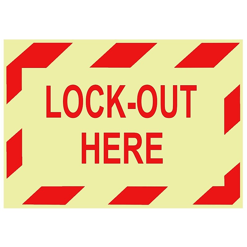 Glow Labels-Lock-Out Here, 3X5, Adhesive Vinylglow, 5/Pk image 1
