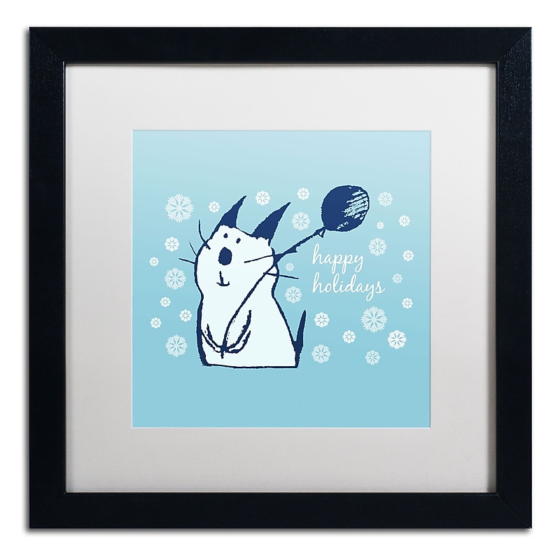 Trademark Carla Martell "Christmas Party Cat" Art, White Matte W/Black Frame, 16" x 16" image 1