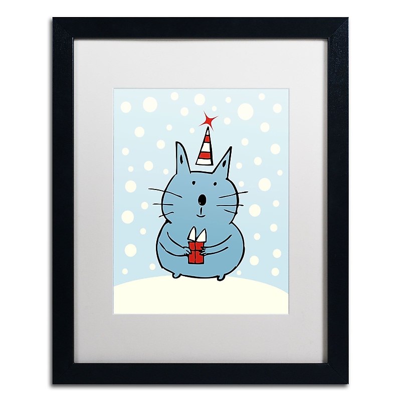 Trademark Carla Martell "Christmas Snow Cat" Art, White Matte W/Black Frame, 16" x 20" image 1
