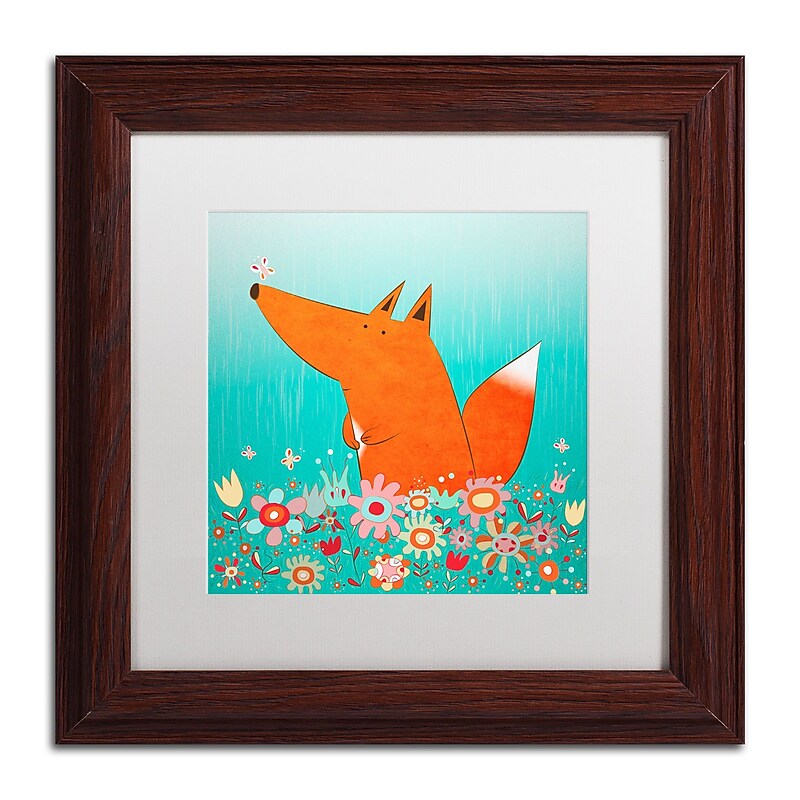 Trademark Carla Martell "Fox in Flowers" Art, White Matte W/Wood Frame, 11" x 11" image 1