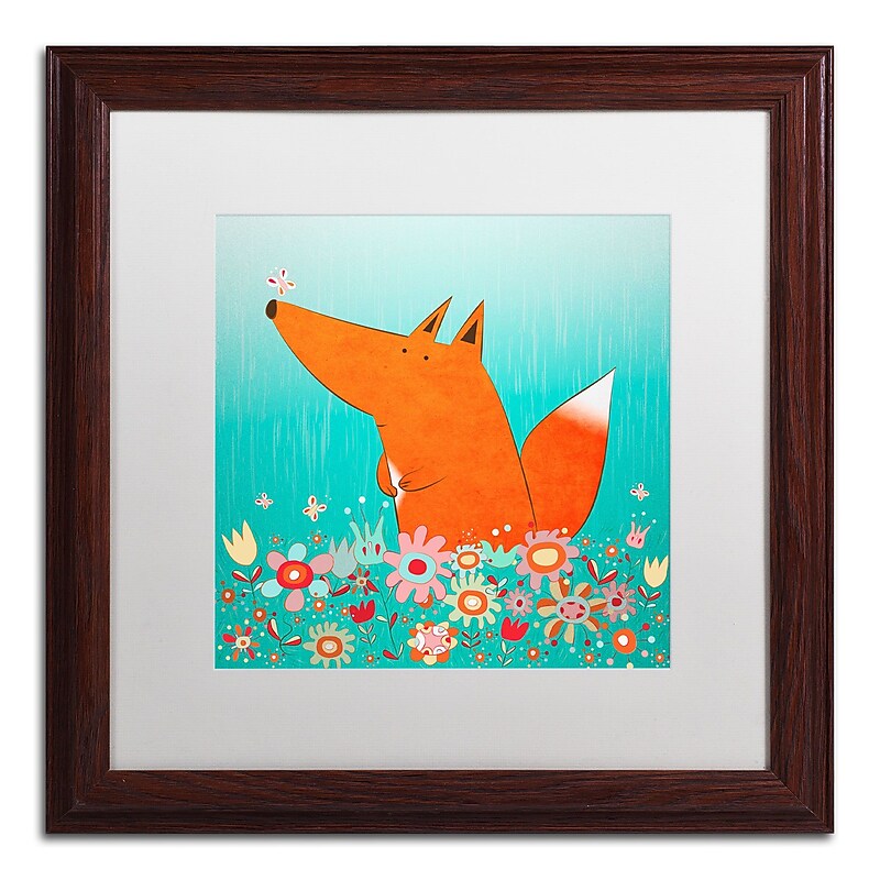 Trademark Carla Martell "Fox in Flowers" Art, White Matte W/Wood Frame, 16" x 16" image 1