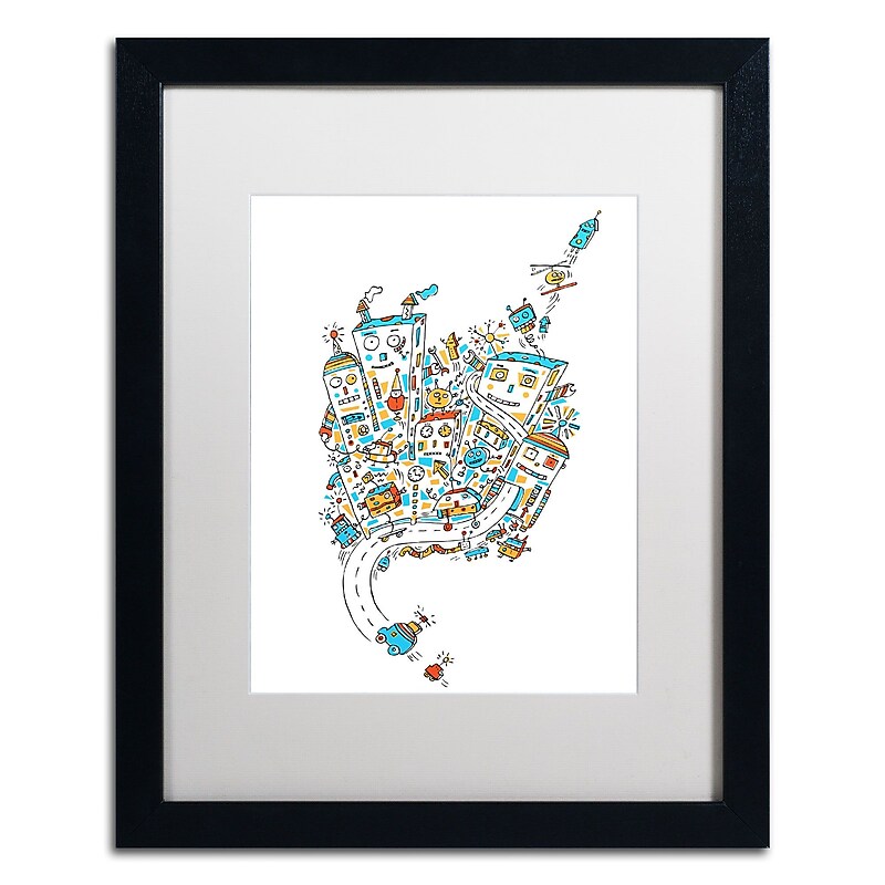 Trademark Carla Martell "Robot City" Art, White Matte W/Black Frame, 16" x 20" image 1
