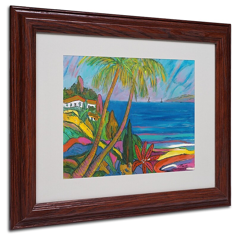 Trademark Manor Shadian "Blue Sea with 2 Boats" Art, White Matte W/Wood Frame, 11" x 14" image 1