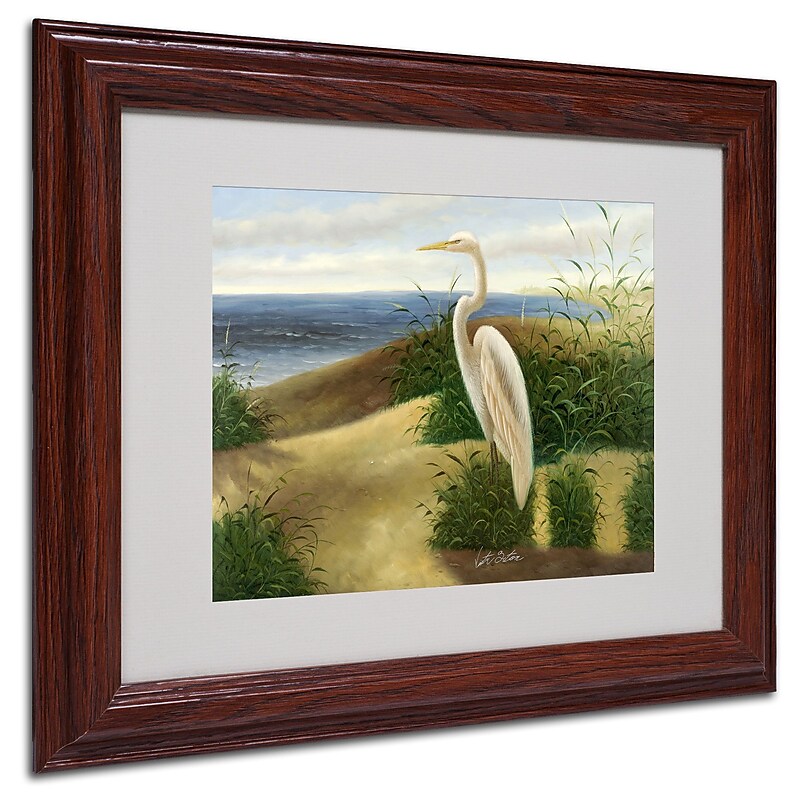 Trademark Victor Giton "One Heron at the Beach" Art, White Matte With Wood Frame, 11" x 14" image 1