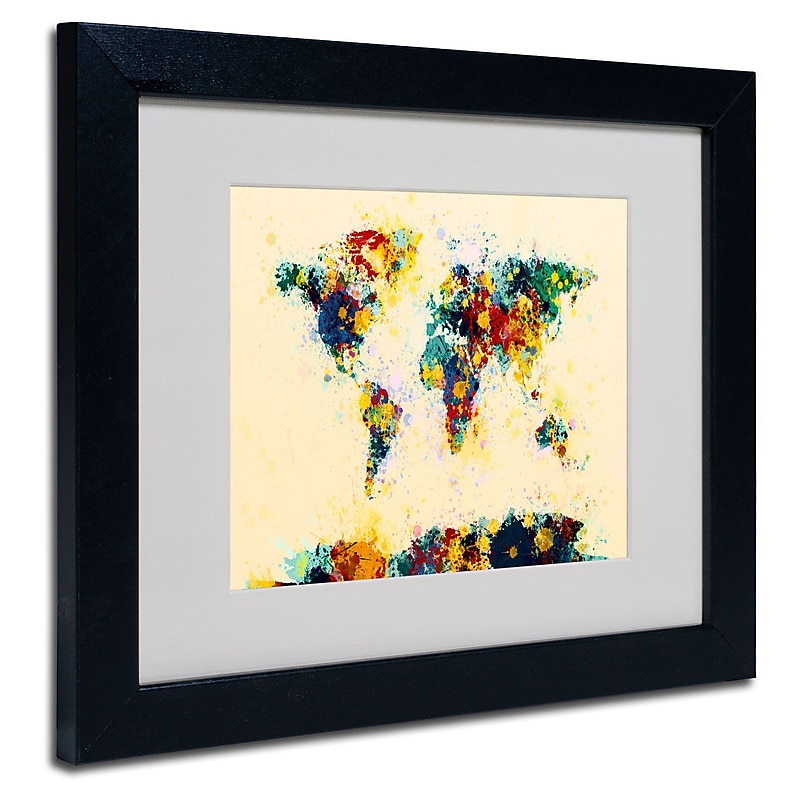 Trademark Michael Tompsett "World Map Splashes" Art, White Matte W/Black Frame, 11" x 14" image 1