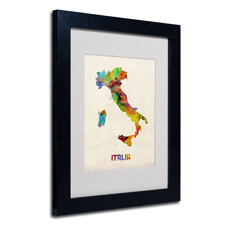 Trademark Michael Tompsett "Italy Watercolor Map" Art, White Matte W/Black Frame, 11" x 14" image 1