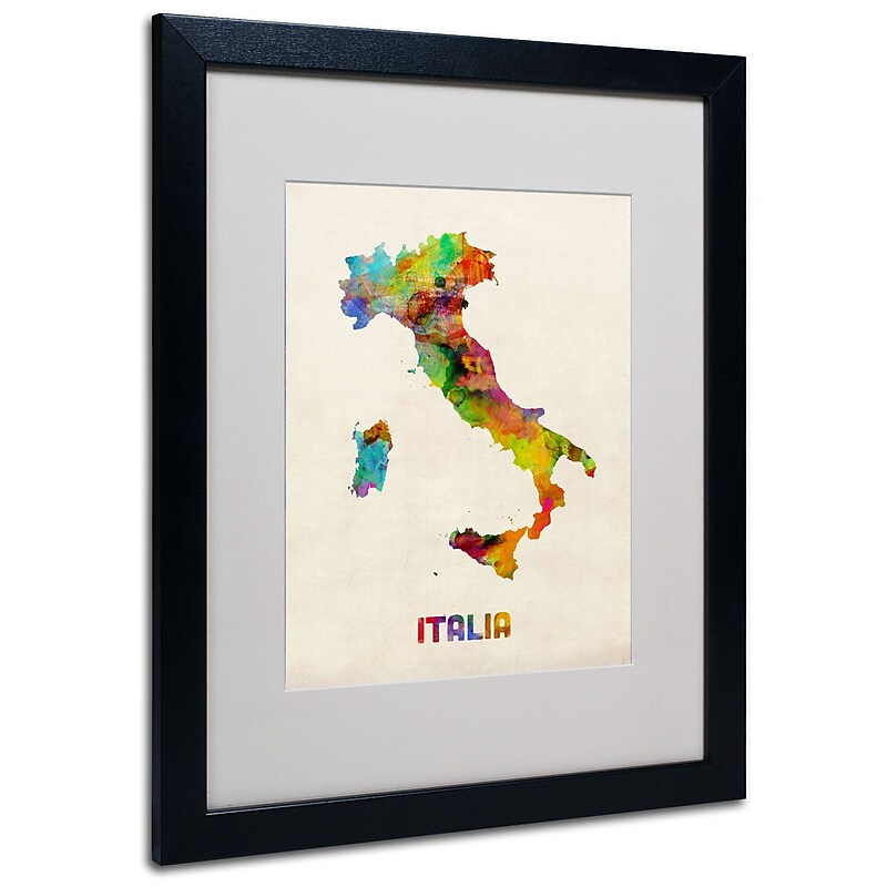 Trademark Michael Tompsett "Italy Watercolor Map" Art, White Matte W/Black Frame, 16" x 20" image 1