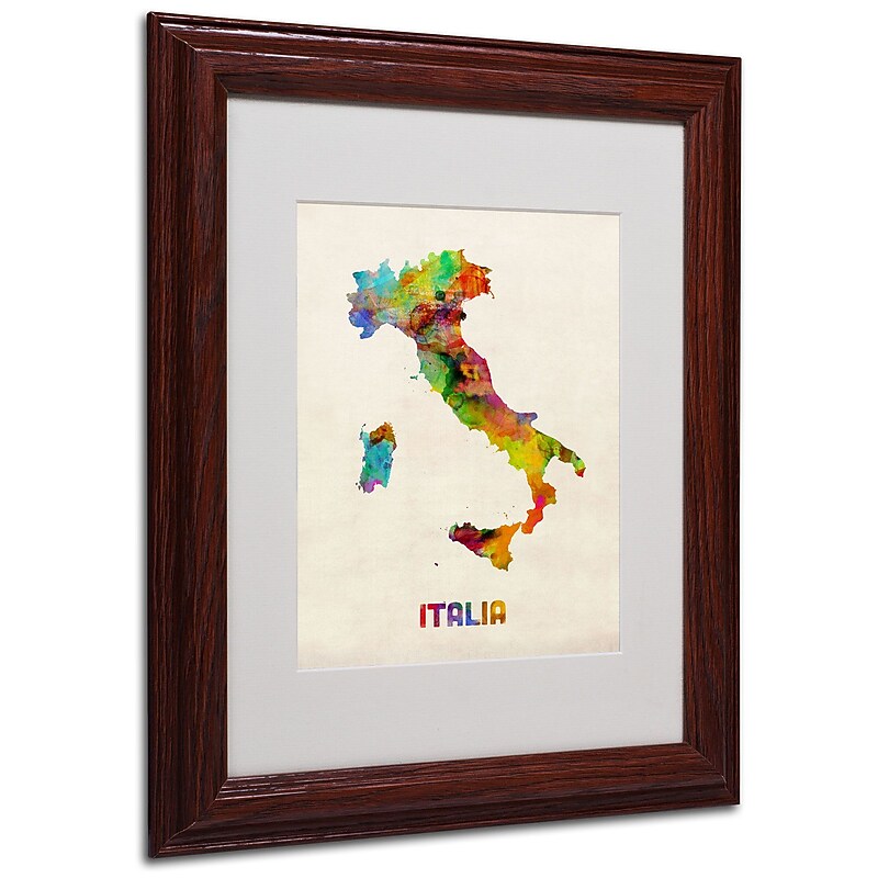 Trademark Michael Tompsett "Italy Watercolor Map" Art, White Matte W/Wood Frame, 11" x 14" image 1