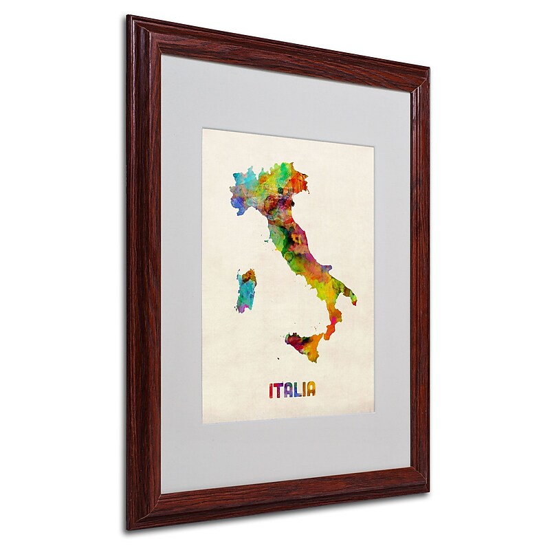 Trademark Michael Tompsett "Italy Watercolor Map" Art, White Matte W/Wood Frame, 16" x 20" image 1