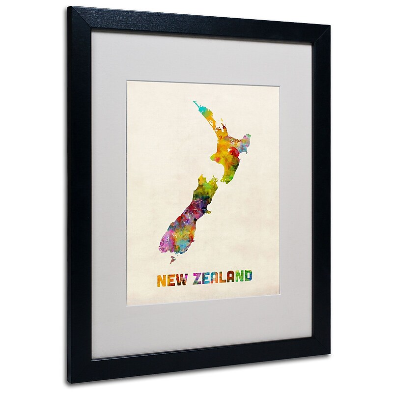 Trademark Michael Tompsett "New Zealand Map" Art, White Matte W/Black Frame, 16" x 20" image 1