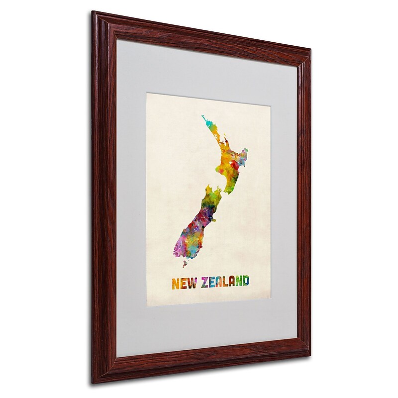 Trademark Michael Tompsett "New Zealand Map" Art, White Matte W/Wood Frame, 16" x 20" image 1