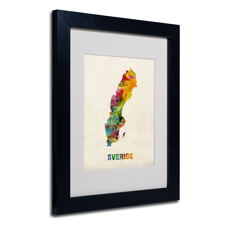 Trademark Michael Tompsett "Sweden Watercolor Map" Art, White Matte W/Black Frame, 11" x 14" image 1
