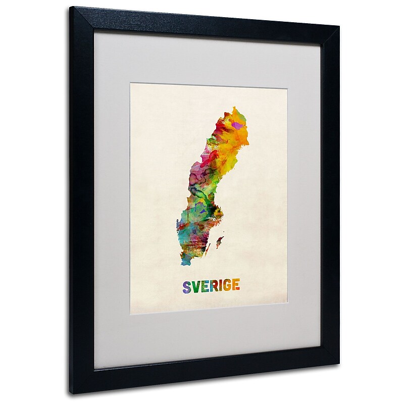 Trademark Michael Tompsett "Sweden Watercolor Map" Art, White Matte W/Black Frame, 16" x 20" image 1