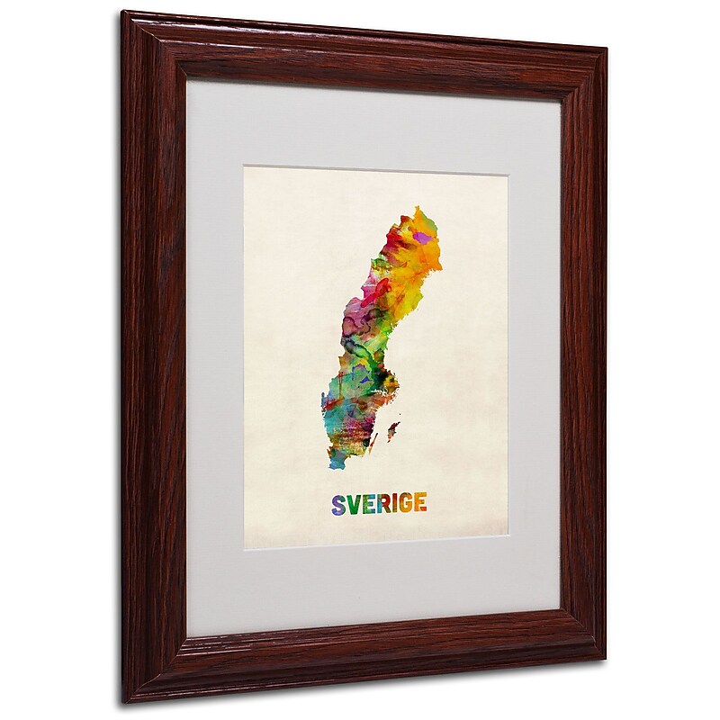 Trademark Michael Tompsett "Sweden Watercolor Map" Art, White Matte W/Wood Frame, 11" x 14" image 1