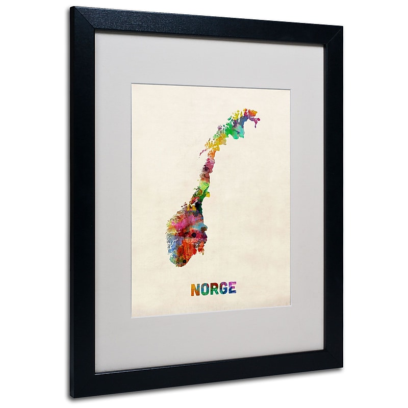 Trademark Michael Tompsett "Norway Watercolor Map" Art, White Matte W/Black Frame, 16" x 20" image 1