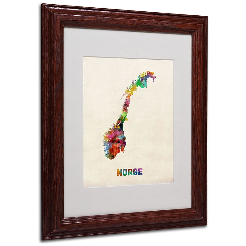 Trademark Michael Tompsett "Norway Watercolor Map" Art, White Matte W/Wood Frame, 11" x 14" image 1