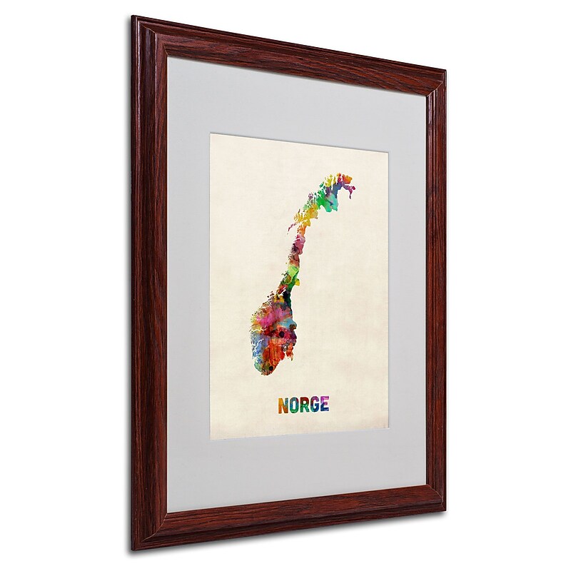 Trademark Michael Tompsett "Norway Watercolor Map" Art, White Matte W/Wood Frame, 16" x 20" image 1