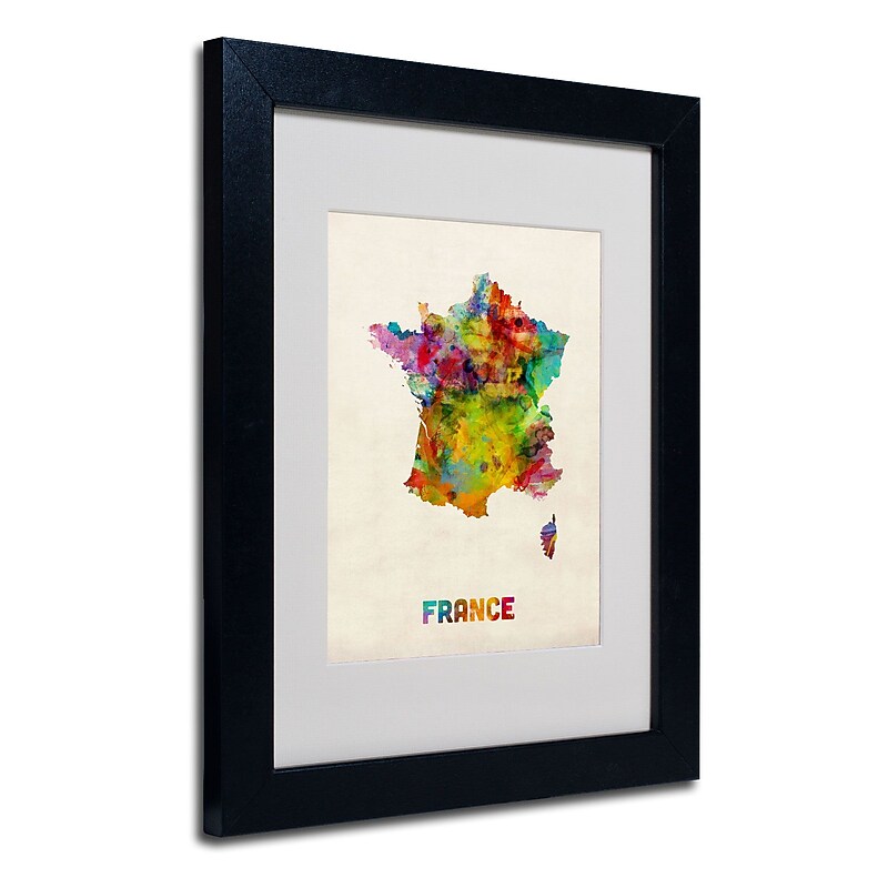 Trademark Michael Tompsett "France Watercolor Map" Art, White Matte W/Black Frame, 11" x 14" image 1