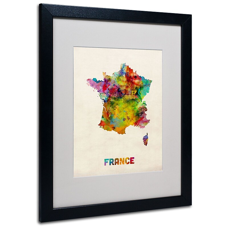 Trademark Michael Tompsett "France Watercolor Map" Art, White Matte W/Black Frame, 16" x 20" image 1