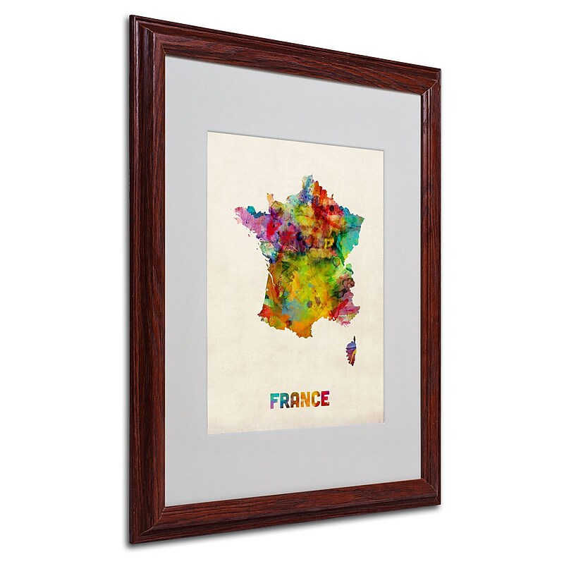 Trademark Michael Tompsett "France Watercolor Map" Art, White Matte W/Wood Frame, 16" x 20" image 1