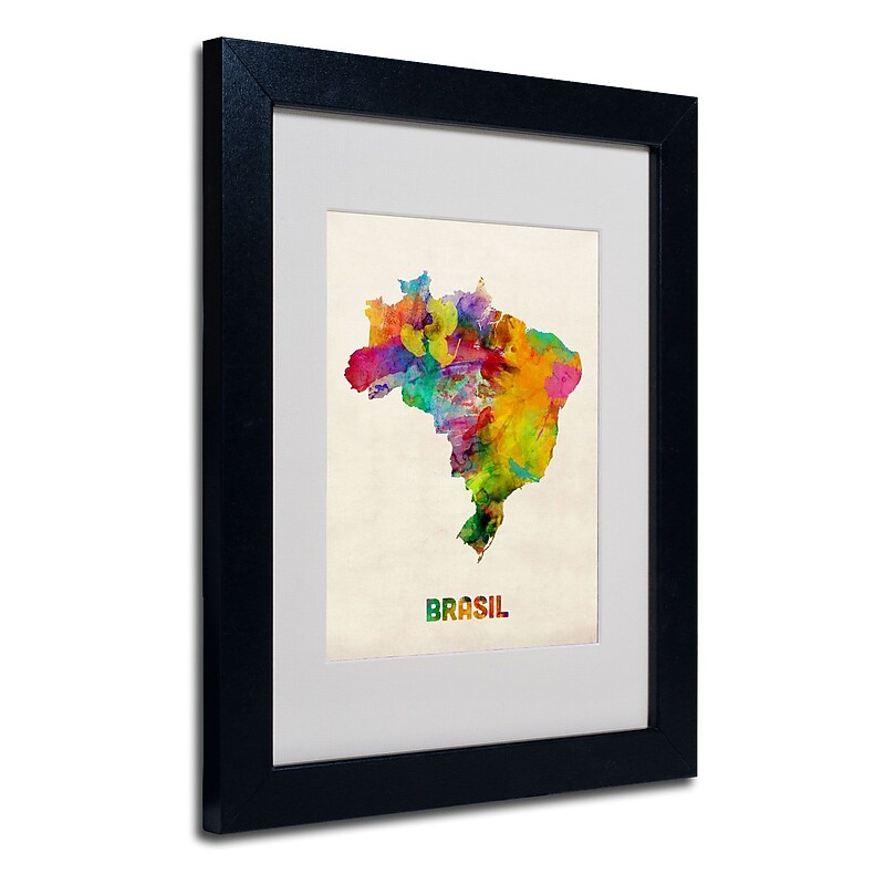 Trademark Michael Tompsett "Brasil Watercolor Map" Art, White Matte W/Black Frame, 11" x 14" image 1