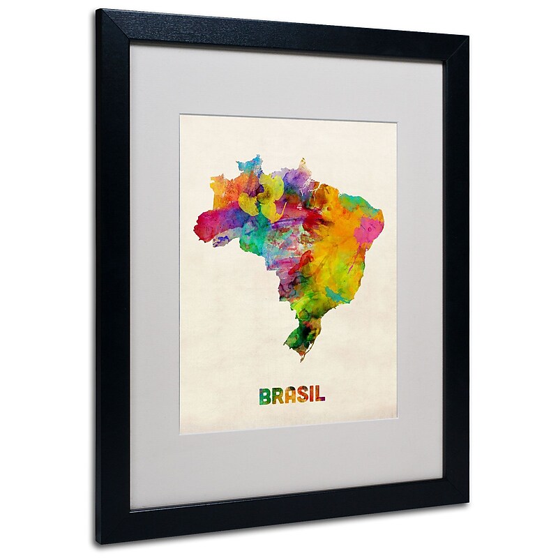 Trademark Michael Tompsett "Brasil Watercolor Map" Art, White Matte W/Black Frame, 16" x 20" image 1