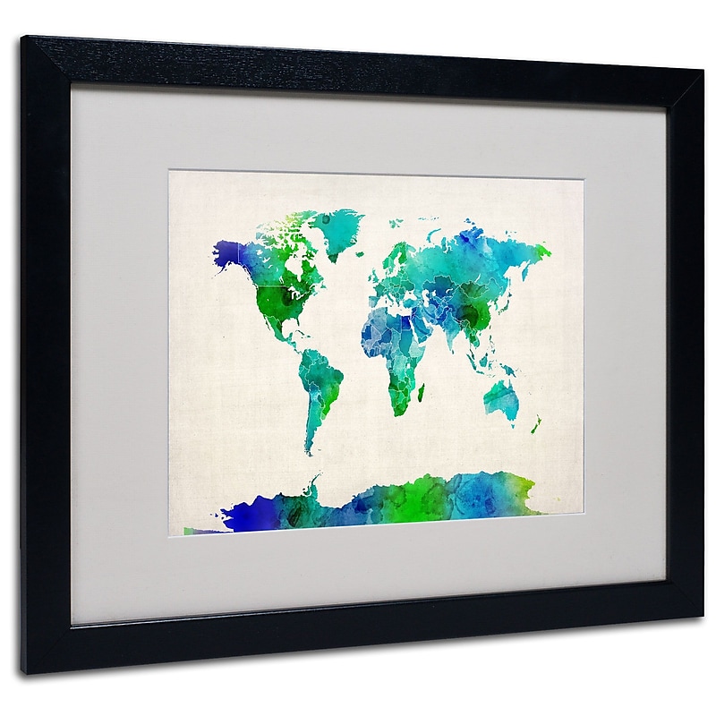 Trademark Michael Tompsett "World Map Watercolor" Art, White Matte W/Black Frame, 16" x 20" image 1