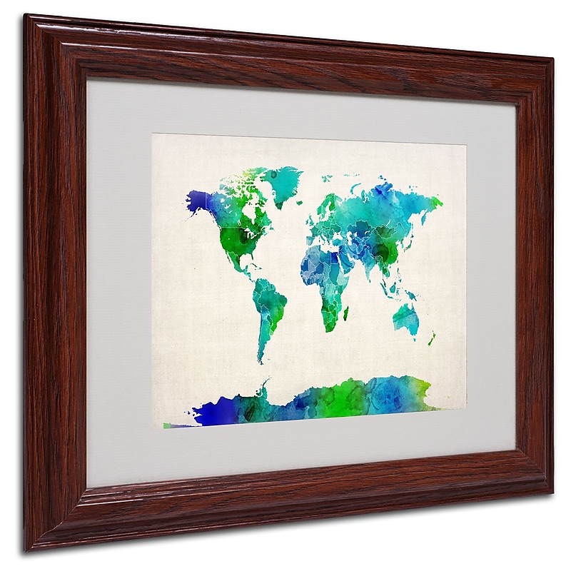 Trademark Michael Tompsett "World Map Watercolor" Art, White Matte W/Wood Frame, 11" x 14" image 1