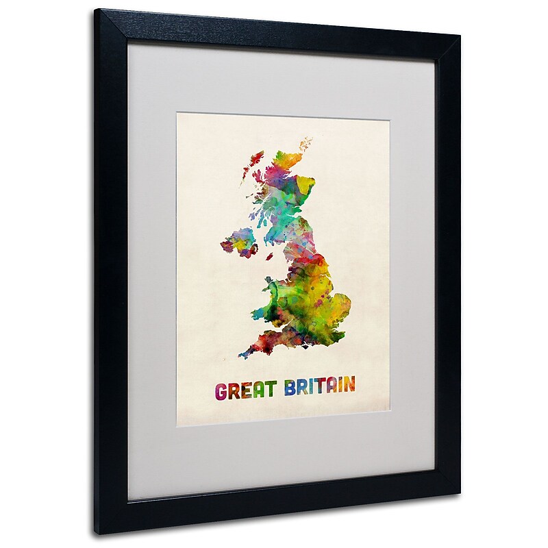 Trademark Michael Tompsett "UK Watercolor Map" Art, White Matte W/Black Frame, 16" x 20" image 1