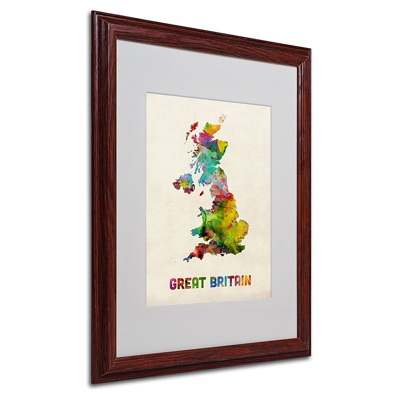 Trademark Michael Tompsett "UK Watercolor Map" Art, White Matte W/Wood Frame, 16" x 20" image 1
