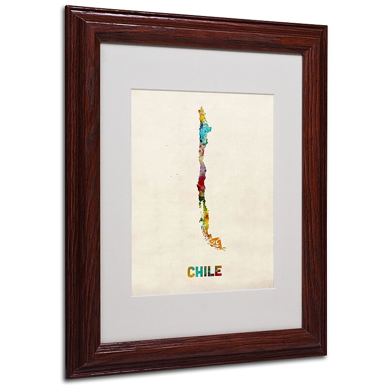 Trademark Michael Tompsett "Chile Watercolor Map" Art, White Matte W/Wood Frame, 11" x 14" image 1