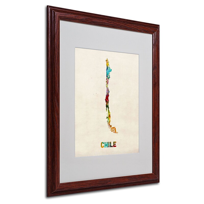 Trademark Michael Tompsett "Chile Watercolor Map" Art, White Matte W/Wood Frame, 16" x 20" image 1