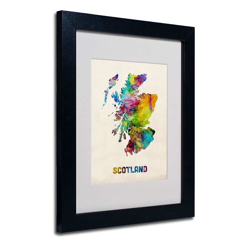 Trademark Michael Tompsett "Scotland Watercolor Map" Art, White Matte W/Black Frame, 11" x 14" image 1