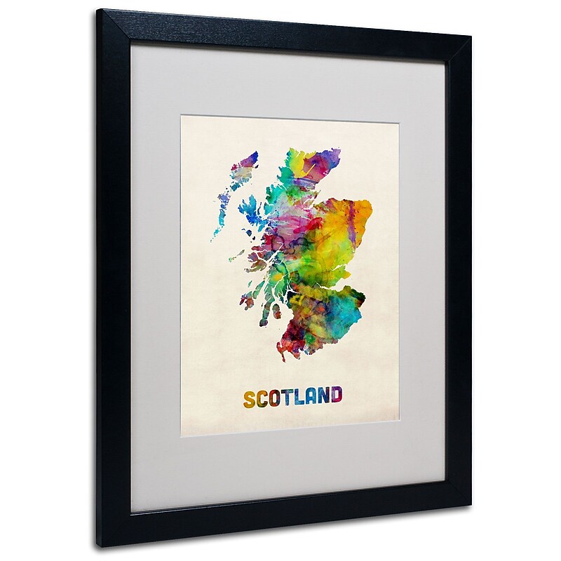 Trademark Michael Tompsett "Scotland Watercolor Map" Art, White Matte W/Black Frame, 16" x 20" image 1
