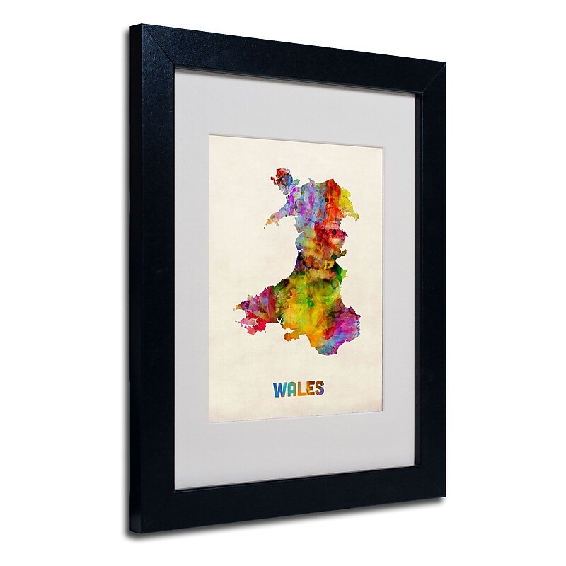 Trademark Michael Tompsett "Wales Watercolor Map" Art, White Matte W/Black Frame, 11" x 14" image 1