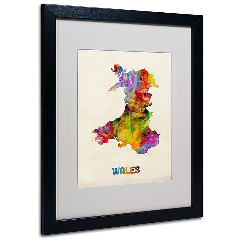 Trademark Michael Tompsett "Wales Watercolor Map" Art, White Matte W/Black Frame, 16" x 20" image 1