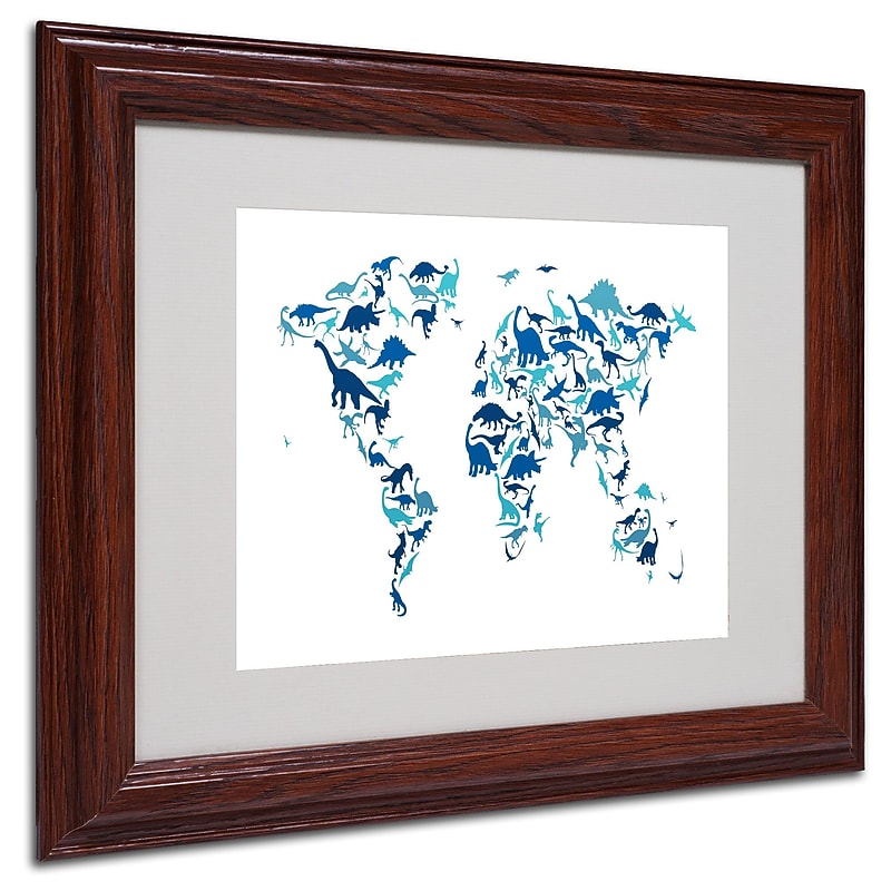 Trademark Michael Tompsett "Dinosaur World Map" Art, White Matte W/Wood Frame, 11" x 14" image 1