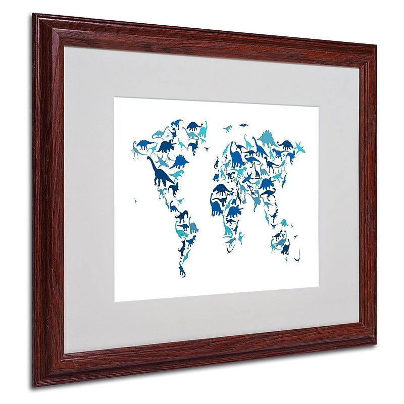 Trademark Michael Tompsett "Dinosaur World Map" Art, White Matte W/Wood Frame, 16" x 20" image 1