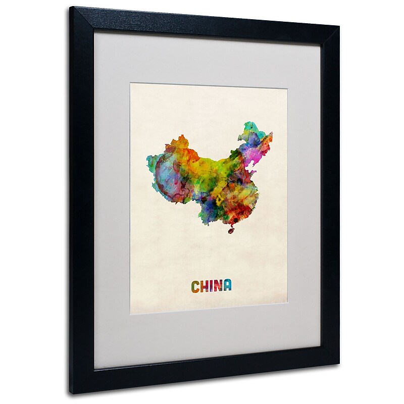 Trademark Michael Tompsett "China Watercolor Map" Art, White Matte W/Black Frame, 16" x 20" image 1