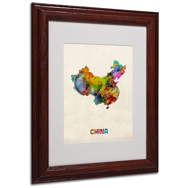 Trademark Michael Tompsett "China Watercolor Map" Art, White Matte W/Wood Frame, 11" x 14" image 1