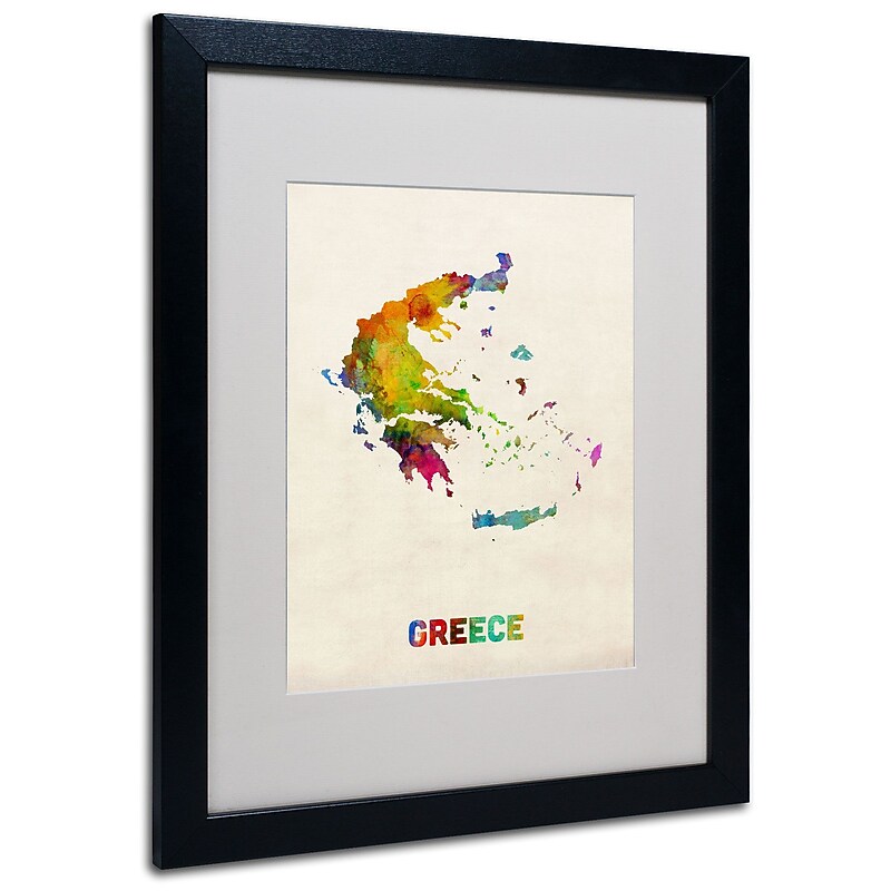Trademark Michael Tompsett "Greece Watercolor Map" Art, White Matte W/Black Frame, 16" x 20" image 1