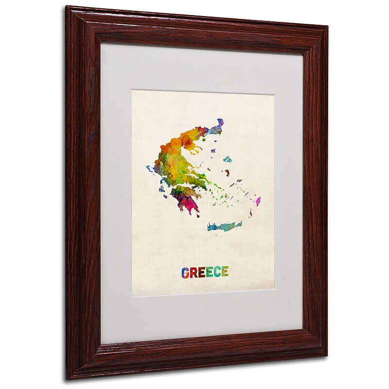 Trademark Michael Tompsett "Greece Watercolor Map" Art, White Matte W/Wood Frame, 11" x 14" image 1