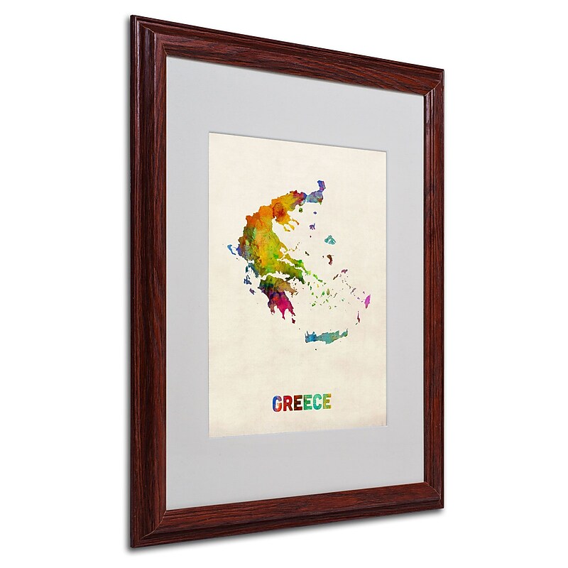 Trademark Michael Tompsett "Greece Watercolor Map" Art, White Matte W/Wood Frame, 16" x 20" image 1
