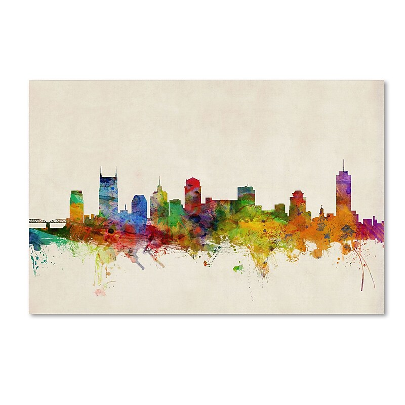 Trademark Michael Tompsett "Nashville Watercolor Skyline" Gallery-Wrapped Canvas Art, 12" x 19" image 1