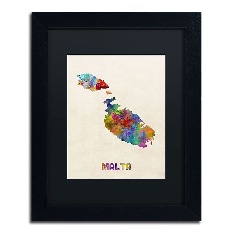 Trademark Michael Tompsett "Malta Watercolor Map" Art, Black Matte W/Black Frame, 11" x 14" image 1