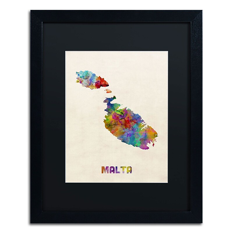 Trademark Michael Tompsett "Malta Watercolor Map" Art, Black Matte W/Black Frame, 16" x 20" image 1