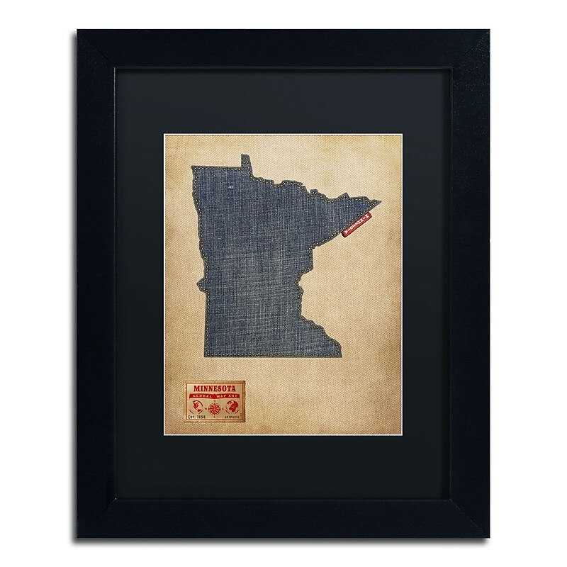 Trademark Michael Tompsett "Minnesota Map Denim Jeans.." Art, Black Matte W/Black Frame, 11" x 14" image 1