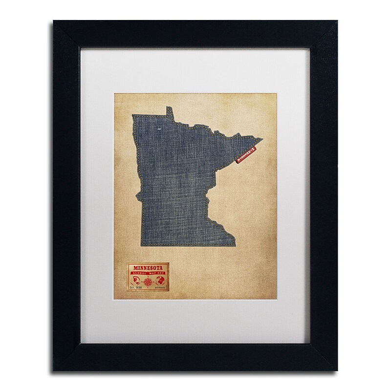 Trademark Michael Tompsett "Minnesota Map Denim Jeans.." Art, White Matte W/Black Frame, 11" x 14" image 1