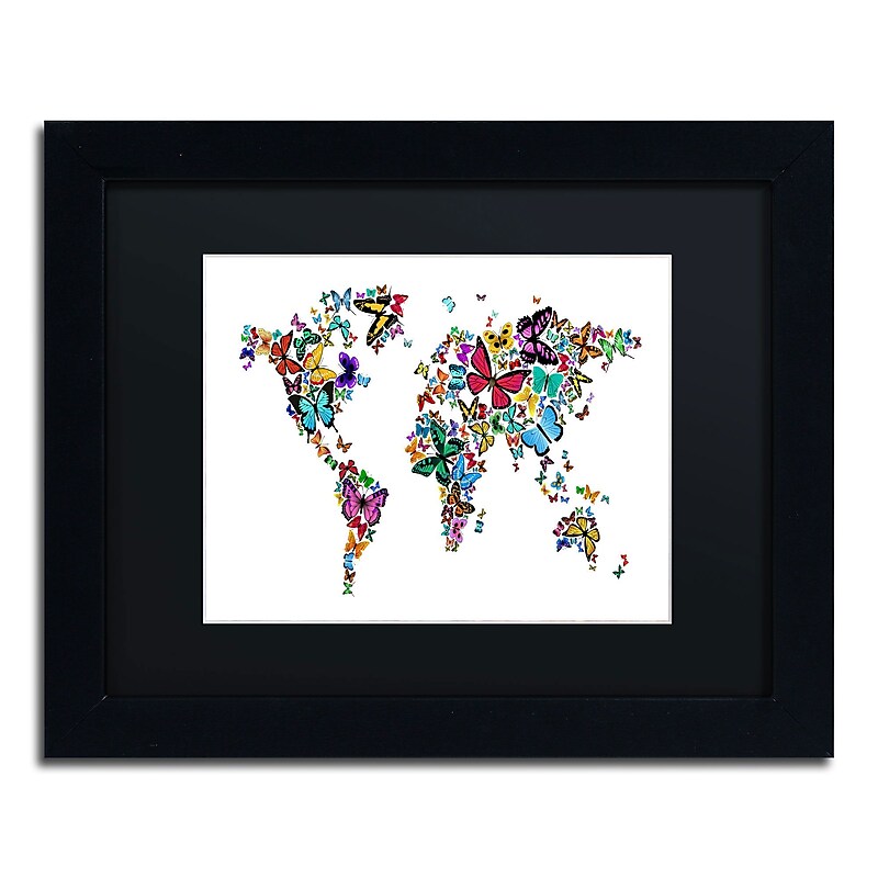 Trademark Michael Tompsett "Butterflies Map of the World" Art, Black Matte W/Black Frame, 11" x 14" image 1