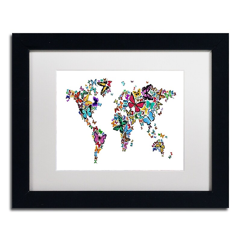 Trademark Michael Tompsett "Butterflies Map of the World" Art, White Matte W/Black Frame, 11" x 14" image 1